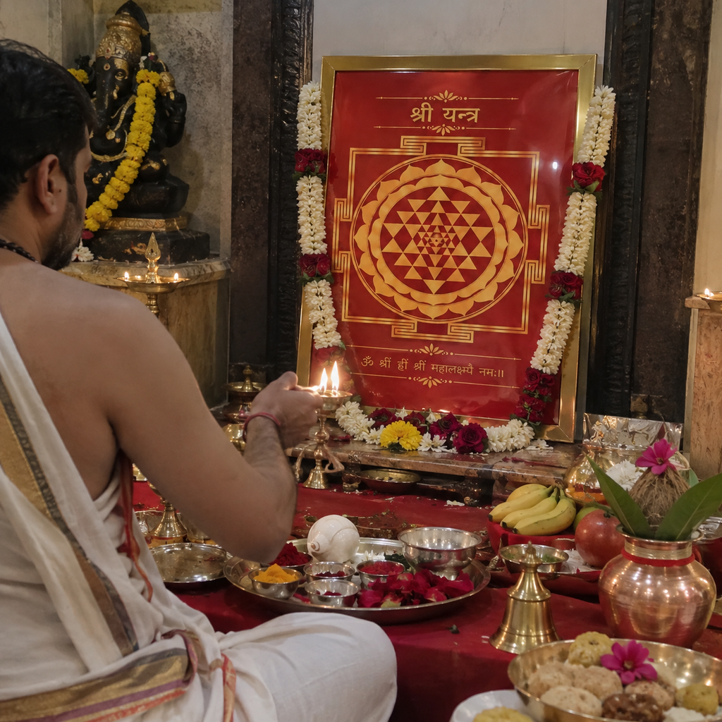 Pandit ji performing aarti and Prana Pratishtha puja before the Shree Yantra at the temple