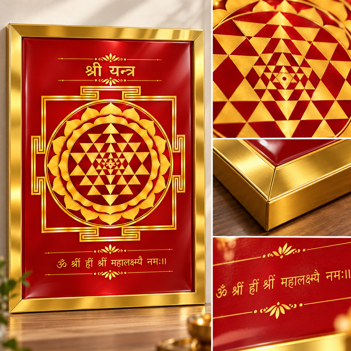 Close-up detail of the red and gold Shree Yantra and golden frame