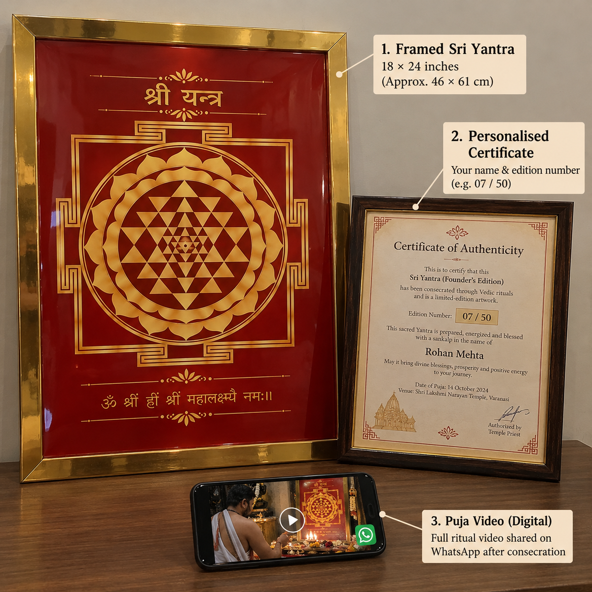 What's in the box: framed Shree Yantra, personalised certificate and puja video
