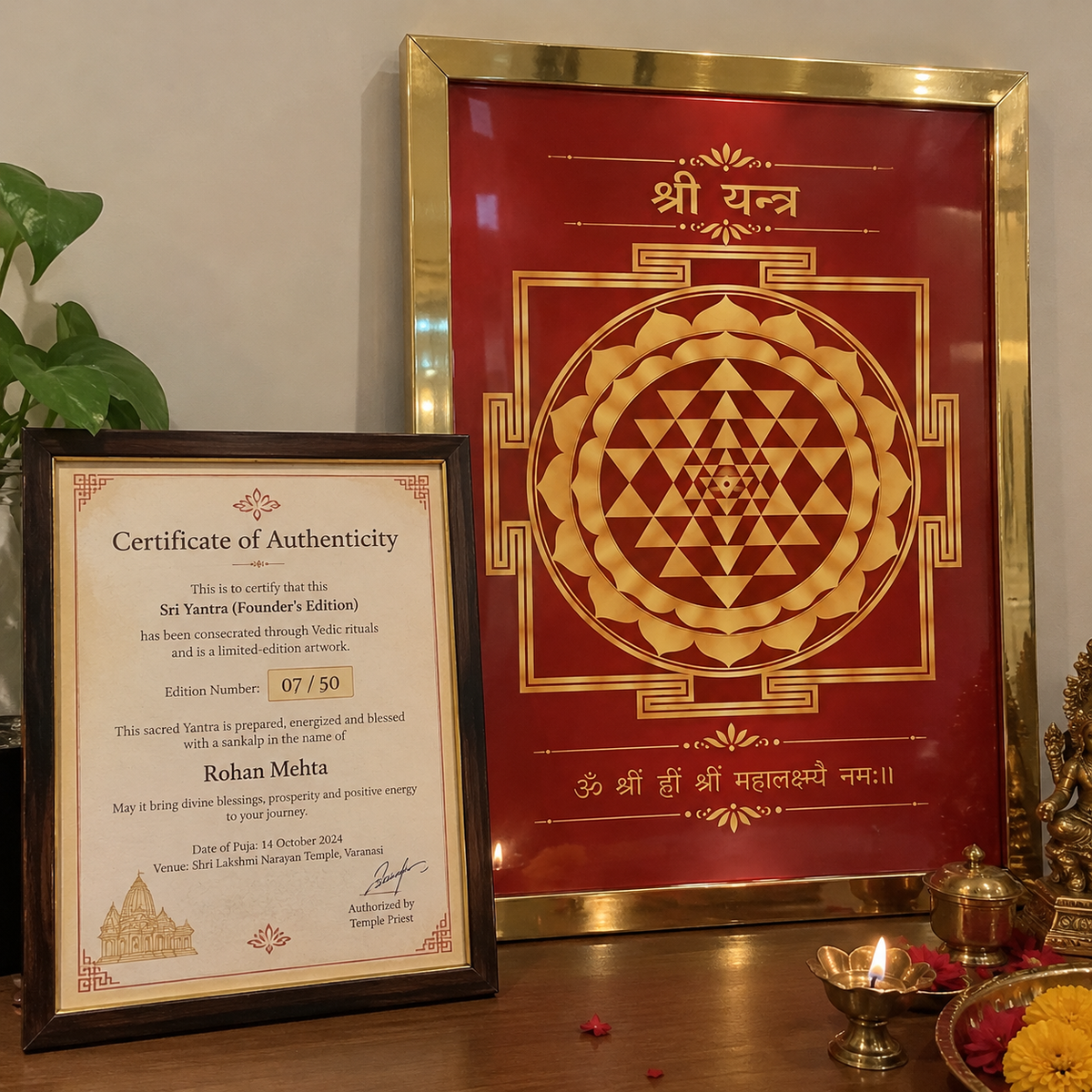 Shree Yantra with its numbered certificate of authenticity